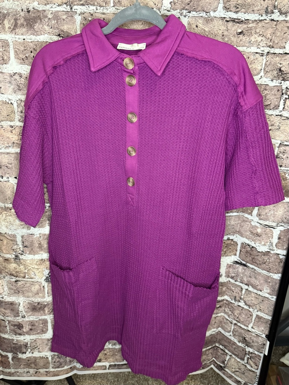 Zenana Outfitters Women’s Plum Short-Sleeve Waffle Knit Dress with Pockets